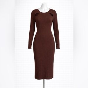 And Now This Brown Ribbed Bodycon Midi Dress Cutout Long Sleeve Size M